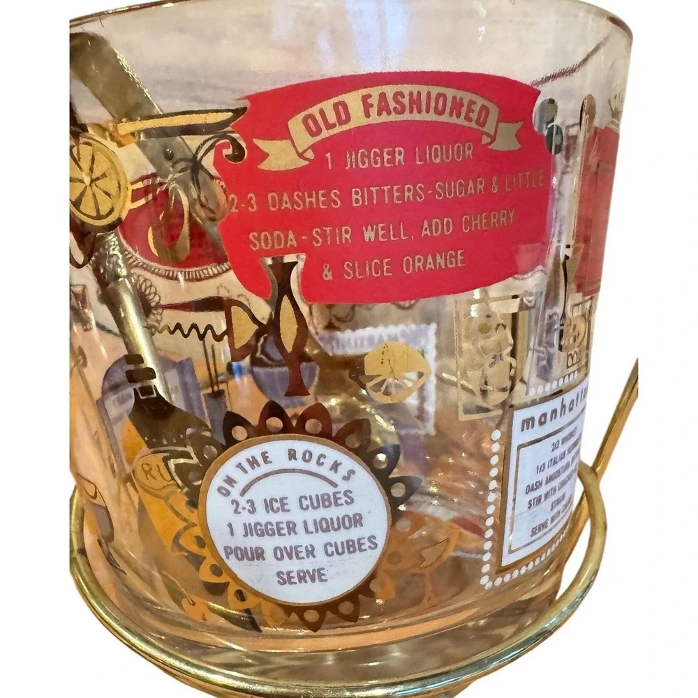 Vintage Jeannette MCM Glass Ice Bucket Gold Cocktail Recipes Brass Caddy & Tongs